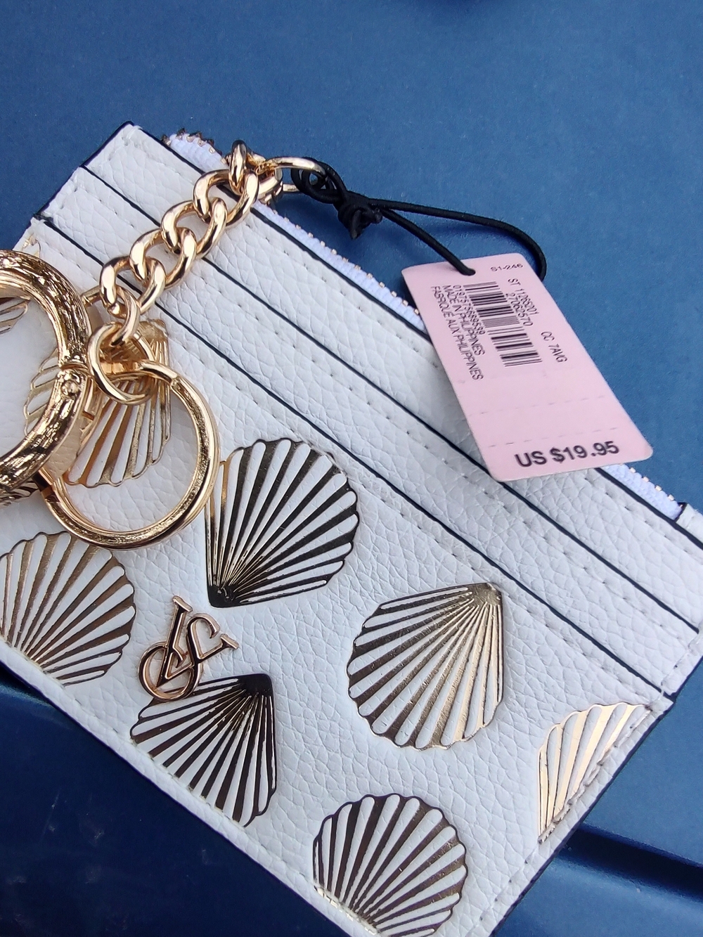 White Shell-Print Leather VS Card Case with Gold Accents
